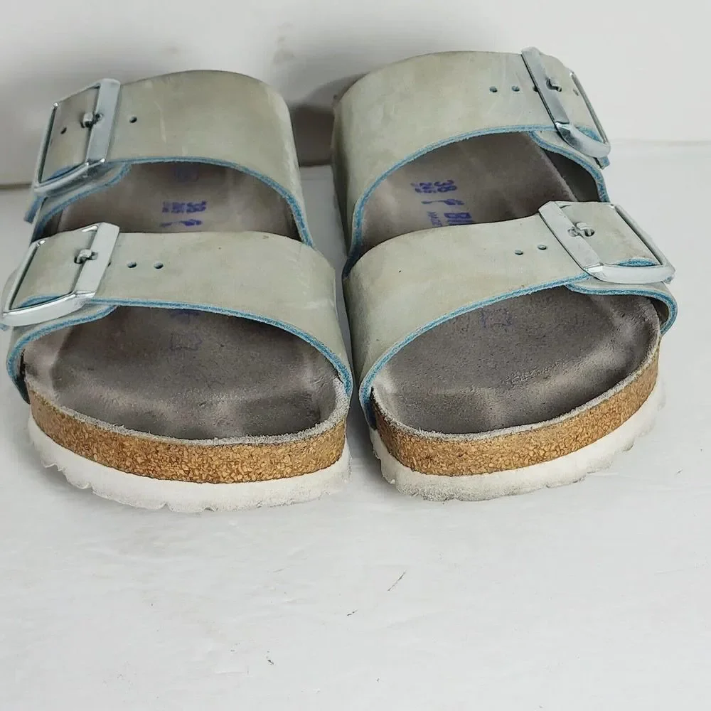 BIRKENSTOCK Women's Arizona Nubuck Leather Light Blue SoftFB Sandals EU38 US7_5